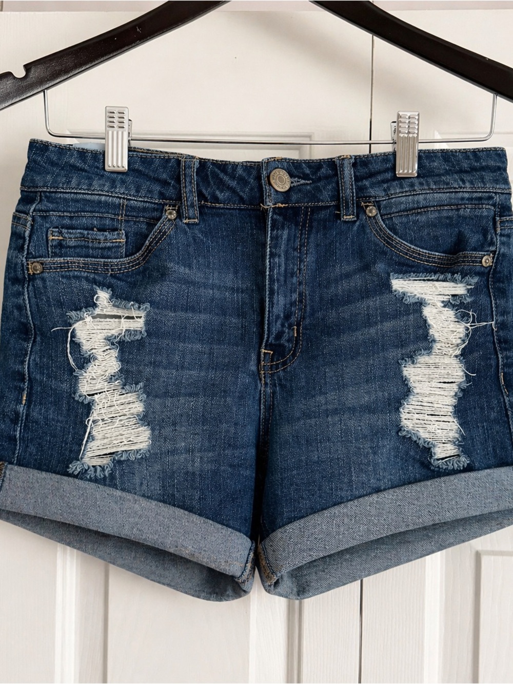 Express Medium Blue Distressed Roll-Cuff Denim Shorts
